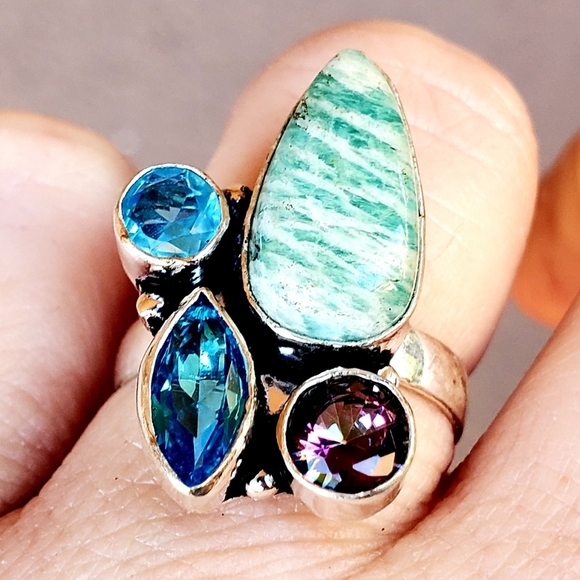 New Amazonite, Blue Quartz, Mystic Topaz 925 Silver Ring. - Picture 8 of 14